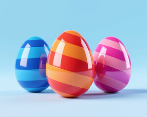 Easter illustration of shiny, striped eggs in blue, orange, and pink hues, with reflective surfaces and subtle shadows, set against a soft blue backdrop with a gradient effect.