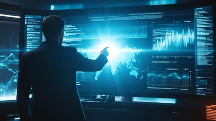 Man in dark suit observing futuristic global data analytics screen with world map and charts - Powered by Adobe