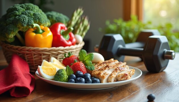 Balanced diet with chicken breast, boiled eggs and fresh berries. Vegetables and dumbbells on wooden table. Concept of healthy lifestyle, fitness and nourishment. Proper nutrition for wellness.