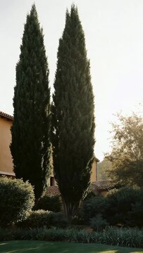 Tall cypress trees near a residential house against the sky. Atmospheric outdoor video with southern landscape, Mediterranean mood, calm nature and peaceful suburban environment.