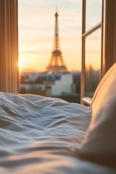 Golden evening light on a bed by an opened window with a blurred view of the Eiffel Tower. Romantic travel for Valentine Day.
