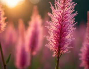 Obraz premium Pink fluffy grass plumes glow in golden hour sunset light. Wild cogonal alang-alang plants sway gently in warm breeze. Macro view of vibrant bloom.