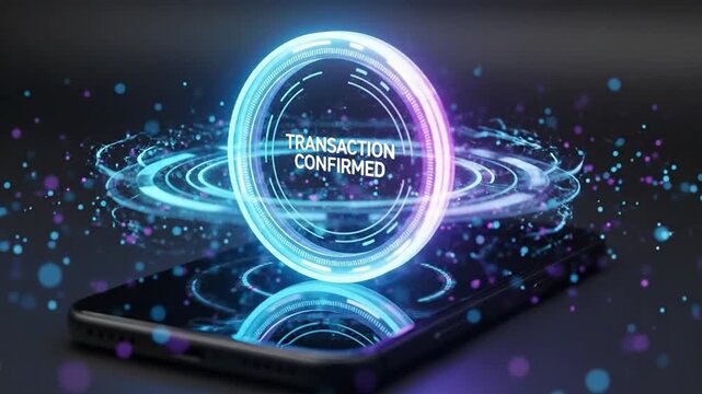 Transaction confirmed on smartphone screen with neon effect