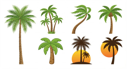 Fototapeta premium A diverse set of vibrant tropical palm tree illustrations, perfect for summer, beach, and exotic vacation designs, showcasing various shapes and lush greenery