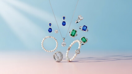 High-end luxury jewelry display with floating diamond rings, blue sapphire earrings, and emerald pendants against a sunlit blue and pink background with light rays.
