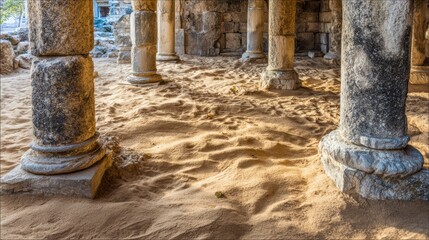 Ruins of an Ancient City Showing Broken Columns and a Sandy Floor Under Soft Golden Light at Dusk