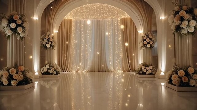 Elegant and luxurious event hall decorated with arches, columns, floral arrangements, and sparkling lights. Aesthetic indoor wedding venue.