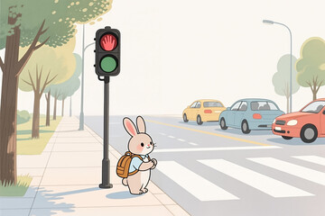 Cartoon rabbit with backpack stands at crosswalk, traffic light showing red hand, cars driving by, trees and sidewalk in soft, pastel style.