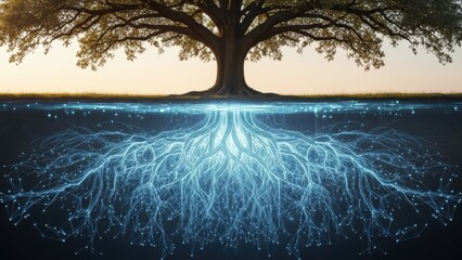 Conceptual image of a tree with its root system mirrored by a glowing digital network underground.
