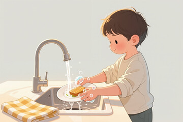 A cartoon boy in a beige shirt washes a plate in a sink with soap and running water, smiling, with a checkered towel nearby.