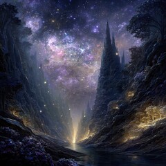 Fantasy City Glowing At Night Under Cosmic Stars