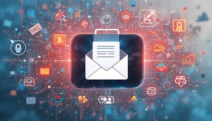 “Cybersecurity Alert Concept with Glowing Email Icon Surrounded by Red Warning Symbols, Futuristic Digital Network Interface Representing Email Threats, Phishing Attacks, Spam Detection, Data Breach a