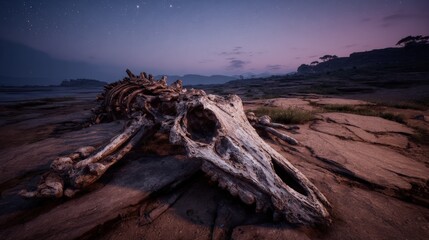 Ancient Fossil Skeleton On Beach At Twilight