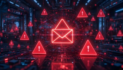 “Cybersecurity Alert Concept with Glowing Email Icon Surrounded by Red Warning Symbols, Futuristic Digital Network Interface Representing Email Threats, Phishing Attacks, Spam Detection, Data Breach a