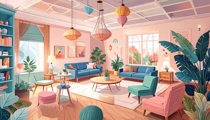 Fototapeta premium colorful modern living room interior illustration with furniture and p