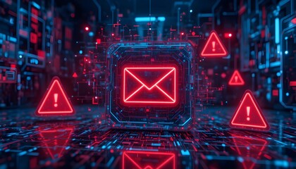 “Cybersecurity Alert Concept with Glowing Email Icon Surrounded by Red Warning Symbols, Futuristic Digital Network Interface Representing Email Threats, Phishing Attacks, Spam Detection, Data Breach a