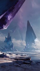 Alien Landscape With Glowing Crystals And Geometric Structures