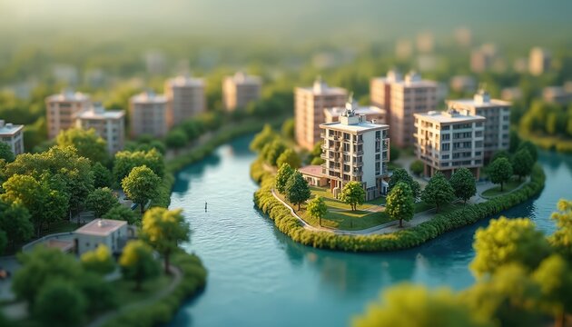 Miniature city with buildings green trees and river concept. Urban planning architecture development landscape design. Model town view from above with small houses. Cityscape illustration.