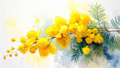 Vibrant watercolor mimosa flower background for International Women's Day greeting cards and spring season botanical art