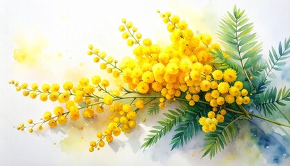 Vibrant watercolor mimosa flower background for International Women's Day greeting cards and spring season botanical art