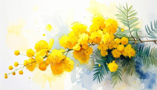 Vibrant watercolor mimosa flower background for International Women's Day greeting cards and spring season botanical art