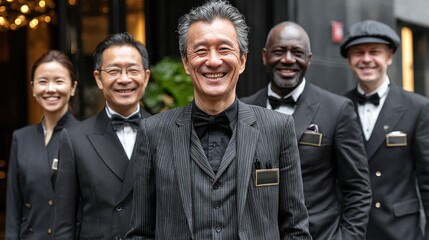 Diverse hotel staff team posing with happy smiles in formal attire representing hospitality