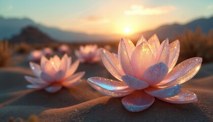 Pink lotus flowers grow in sand dunes at sunset. The surreal desert landscape has soft light and mountains afar. These blooms signify hope and resilience.