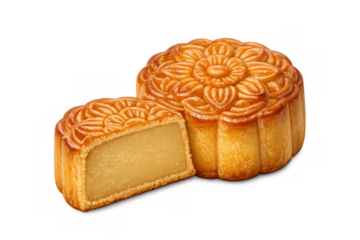 Traditional chinese mooncake, one whole and one cut in half, revealing a rich lotus seed paste filling. Dessert for autumn