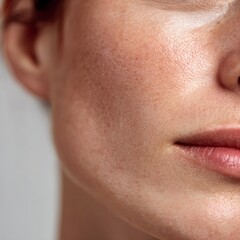 Macro image of sensitive facial skin with redness and natural texture on white background