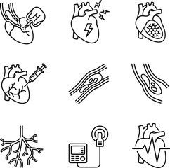 Fototapeta premium Cardiac health icons set heart disease symptoms treatment medical conditions vector illustrations vector
