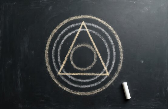 Triangle inside circles drawn with chalk on blackboard. Math geometry lesson concept. Geometric figure in center. Education drawing. Simple abstract wallpaper on dark background. Chalkboard with - Powered by Adobe