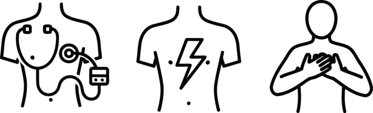 Medical icons cardiology heart health chest pain angina holter monitor symptoms diagnosis vector