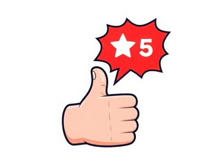 Cartoon hand giving thumbs up with red star rating bubble isolated on white background