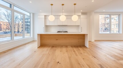 Obraz premium Bright and airy kitchen with light oak flooring.