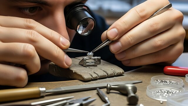Jeweler's Craft: A jeweler meticulously crafts a piece of jewelry, using precision tools and a focused eye to bring intricate designs to life. Capturing the artistry and attention to detail.