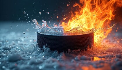 Ice hockey puck explodes. Fire, water element mix creates powerful contrast. Perfect background for sport competition poster ice hockey championship advertisement. Dynamic action with copy space,