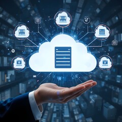 &ldquo;Businessman Holding Futuristic Cloud Computing Interface with Connected Digital Icons, Cloud Data Storage, Online Services, Network Security, SaaS Technology, Big Data Analytics and Enterprise Cloud 