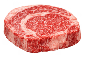 Raw ribeye steak on transparent background showcasing rich marbling, prime cut for grilling and gourmet cooking