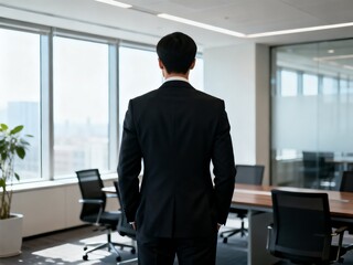 A back view of a professional male executive in a tailored black suit, standing in a minimalist modern office. The setting features a large boardroom table, ergonomic chairs, and floor-to-ceiling 