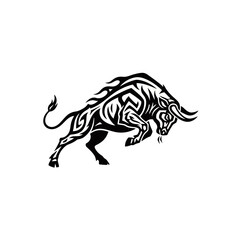 Fototapeta premium Black and white tribal style illustration of a powerful charging bull with intricate patterns.