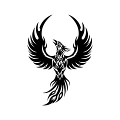 Naklejka premium A stylized black phoenix bird with wings spread in a tribal art design, symbolizing rebirth and power.