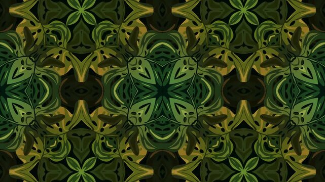 Green leaves kaleidoscope animation background. abstract green background