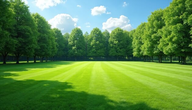 Lush green grass field extends to trees under blue sky. Well maintained empty lawn is perfect for recreation. Serene landscape evokes tranquility. Nature scene with fresh vegetation and natural light.