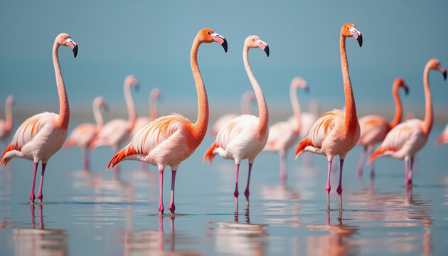 Group of elegant flamingos standing in calm water - Powered by Adobe