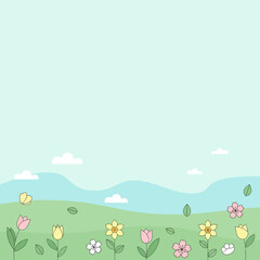 Spring meadow with wildflowers, rolling hills, and gentle clouds