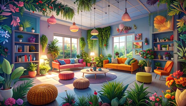 Vibrant colorful living room interior with lush plants and hanging lam