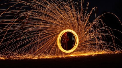 Dynamic abstract movement created by spinning steel wool on a wire creating bright light trails at night.