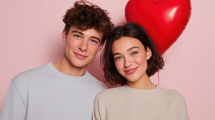 Young couple sharing a happy moment together, expressing love and Valentine’s Day romance