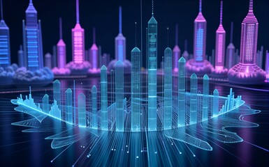 Futuristic city skyline glowing blue and purple, digital data streams flow beneath skyscrapers.