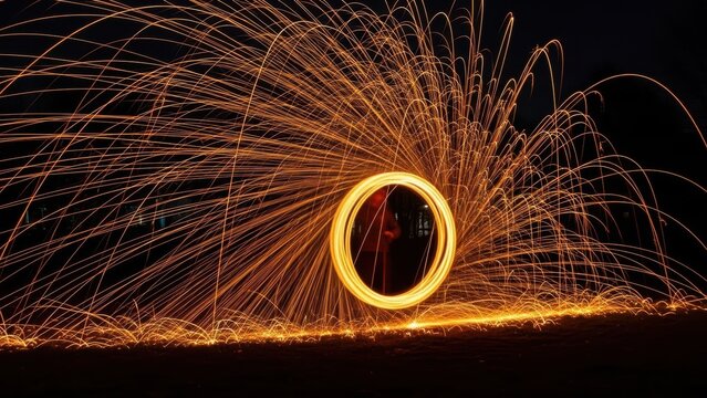 Dynamic abstract movement created by spinning steel wool on a wire creating bright light trails at night.